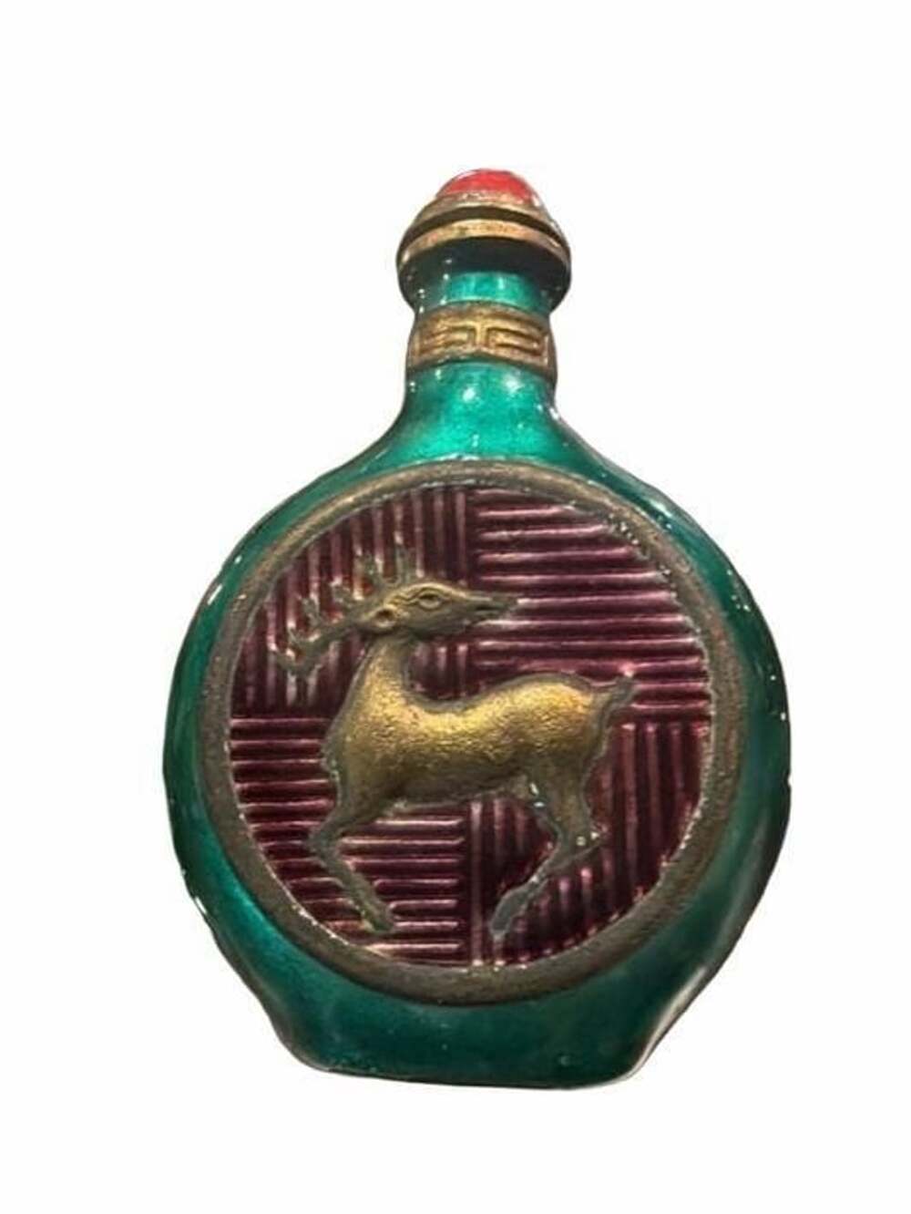 Vintage Chinese Brass And Enamel Stag Deer Snuff Bottle